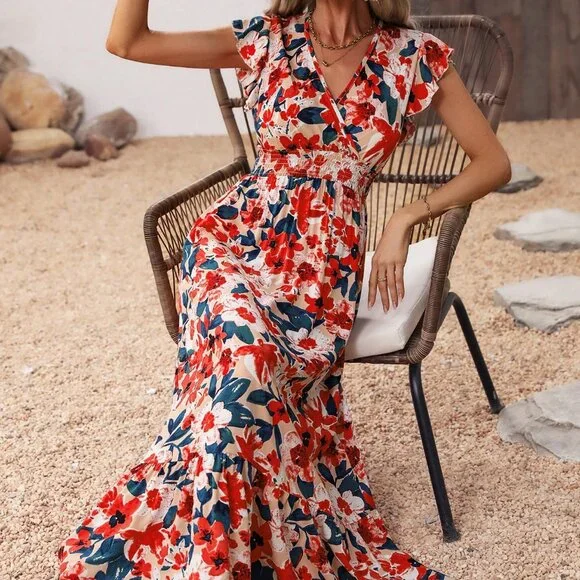 Boho dress, Floral Tropical V-Neck Ruffle Summer dress, Floral Minimalist dress - Picture 6 of 8